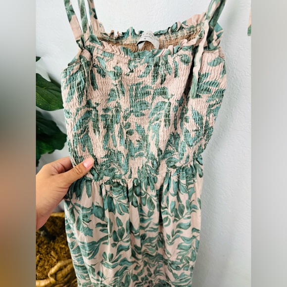 Dress Forum Los Angeles Beige Leaf Print Smocked Tiered Tie Knot Straps Dress - Picture 4 of 8